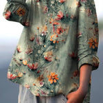 Women's Retro Green Floral Print Casual Cotton And Linen Shirt