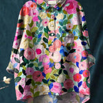 Colorful Spring Floral Garden Printed Women's Casual Cotton And Linen Shirt