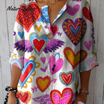 Heart Art Printed Women's Casual Cotton And Linen Shirt