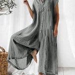 Women's Cotton And Linen Solid Color Short Sleeve Jumpsuit