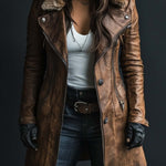 Women's Vintage Fur Collar Zipper Faux Leather Coat