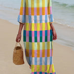 Colorful Rectangle Block Pattern Printed Women's Pocket Cotton Dress
