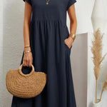 Women's Solid Color Cotton Linen Round Neck A-Line Dress