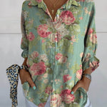 Women's Vintage Elegant Floral Art Print Casual Linen V-neck Shirt