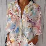 Women's Colorful Watercolor Art Print Casual Linen V-neck Shirt