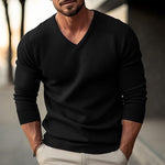 Men's solid color V-neck long-sleeved knitted pullover sweater