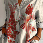 Women's Red Fish Vintage Art Print Casual Cotton Shirt