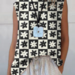 Lovely Floral And Check Pattern Printed Women's Casual Cotton And Linen Tank Top