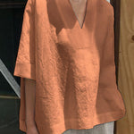 Women's V-neck Cotton And Linen Solid Colour Loose Mid-Sleeve Shirt