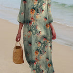 Women's Elegant Orange Floral Print On Green Background Print Pocket Cotton Dress