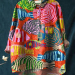 Colorful Abstract Fish Repeat Pattern Printed Women's Casual Cotton And Linen Shirt