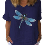 Women's Dragonfly Art Print Cotton & Linen  Casual Top