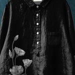 Ink And Wash Style Floral Printed Women's Casual Cotton And Linen Shirt
