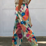 Oil Painting Summer Floral Art Printed Women's 100%Cotton Casual Pants