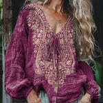 Ethnic Style Floral Pattern Printed Women's Casual Long Sleeve Comfortable Cotton Shirt