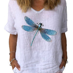 Women's Dragonfly Art Print Cotton & Linen  Casual Top