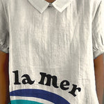 Simple Sea Letter And Graphic Printed Women's Casual Cotton And Linen Shirt