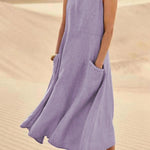 Women Sleeveless Sundress Elegant Round Neck Cotton Linen Solid Long Tank Casual Summer Dress