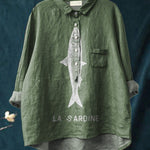 Sardine Fish Graphic Printed Women's Casual Cotton And Linen Shirt