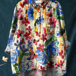 Colorful Watercolor Floral Field Printed Women's Casual Cotton And Linen Shirt