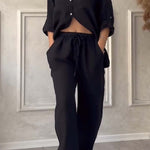 Casual solid color cotton and linen pants two-piece set