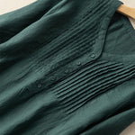 Cotton And Linen V-Neck Pleated Loose Dress