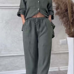 Casual solid color cotton and linen pants two-piece set
