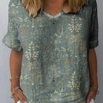 Woodland Vegetation Pattern Printed Women's Casual Cotton And Linen Shirt