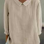 Women's Solid Color Casual Cotton And Linen 3/4 Sleeve Shirt