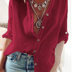 Women's Solid Color Loose Elegant V-neck Long-sleeved Cotton Shirt