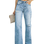 Stretch Washed Ripped Wide-leg Jeans