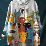 Women's Cute Cat Print Casual Cotton And Linen Shirt