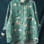 Vintage Lovely Dogs Art Print Casual Cotton And Linen Shirt