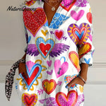 Heart Art Printed Women's Casual Cotton And Linen Shirt