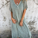 Stylish Cotton and Linen V-neck Dress