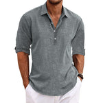 Men's Casual Solid Color Pullover Lapel Roll-Up Cotton and Linen Sleeve Long Sleeve Shirt