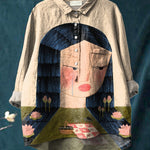 Lotus Lady Art Printed Women's Casual Cotton And Linen Shirt