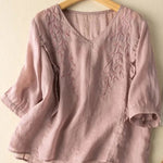 Embroidery Cotton And Linen Mid Sleeve Blouse