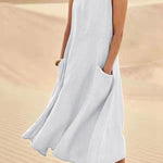 Women Sleeveless Sundress Elegant Round Neck Cotton Linen Solid Long Tank Casual Summer Dress