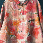Romantic Watercolor Rose Printed Women's Casual Cotton And Linen Shirt