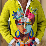 Oil Painting Freda Portrait Art Printed Buttoned Cardigan Sweater