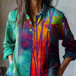 Simple Summer Woodland Quilt Art Printed Women's Casual Cotton And Linen Shirt