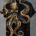 Vintage Fish Octopus Art Print Casual 100% Cotton Shirt
