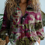 Abstract Shape And Line Pattern Printed Women's Casual Long Sleeve Comfortable Cotton Shirt