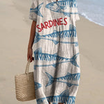 Women's Simple Blue Sardines Watercolor Splash Fluid Art Print Flowy Dress