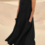 Women Sleeveless Sundress Elegant Round Neck Cotton Linen Solid Long Tank Casual Summer Dress
