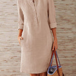 Spring Cotton And Linen Round Neck Long Sleeve Dress