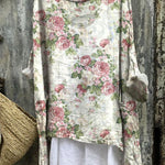 Women's Vintage Floral Art Print Casual Linen Cotton Pullover Top