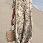 Women's Red Elegant Floral Print Pocket Linen Dress