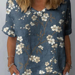 White Plum Blossom Pattern Printed Women's Casual Cotton And Linen Shirt